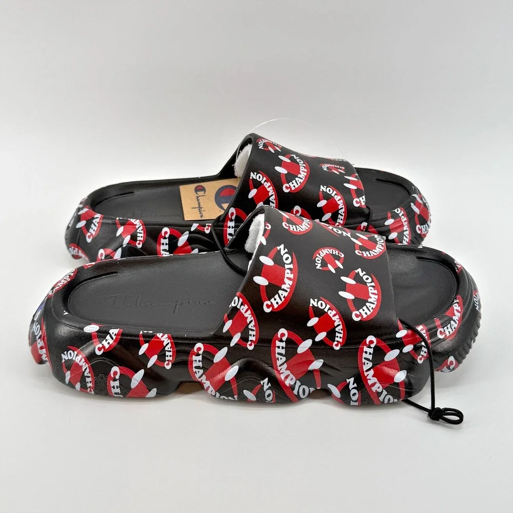 Champion Meloso Squish Smile Slides Sandals Mens Size 9 Black Red Pool Comfy NEW